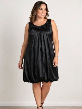 Kathy Roberts Dress Womens 16P Black Satin Bubble Hem Beaded Cocktail Party NWT